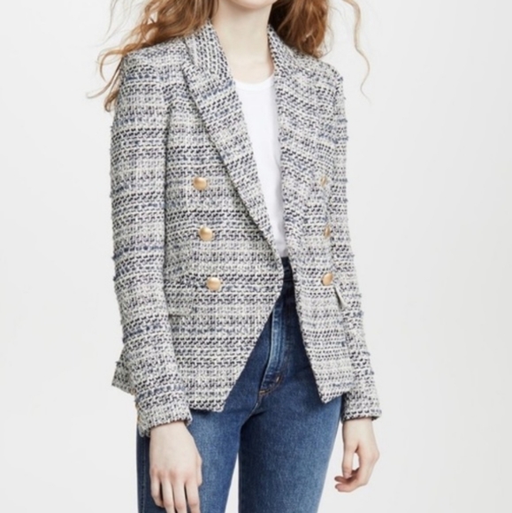 L'AGENCE Jackets & Blazers - LAGENCE White Blue Tweed Kenzie Blazer Jacket